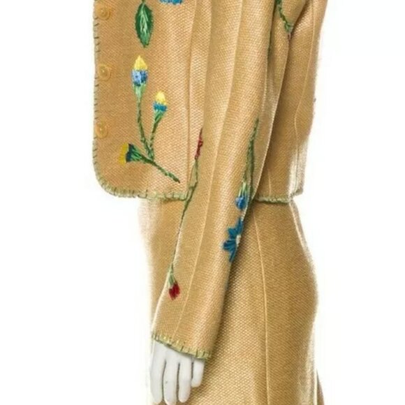 Moschino Couture Italian Gold Linen Lined 3 Piece Skirt Suit Top Jacket USA 10 - Picture 12 of 13